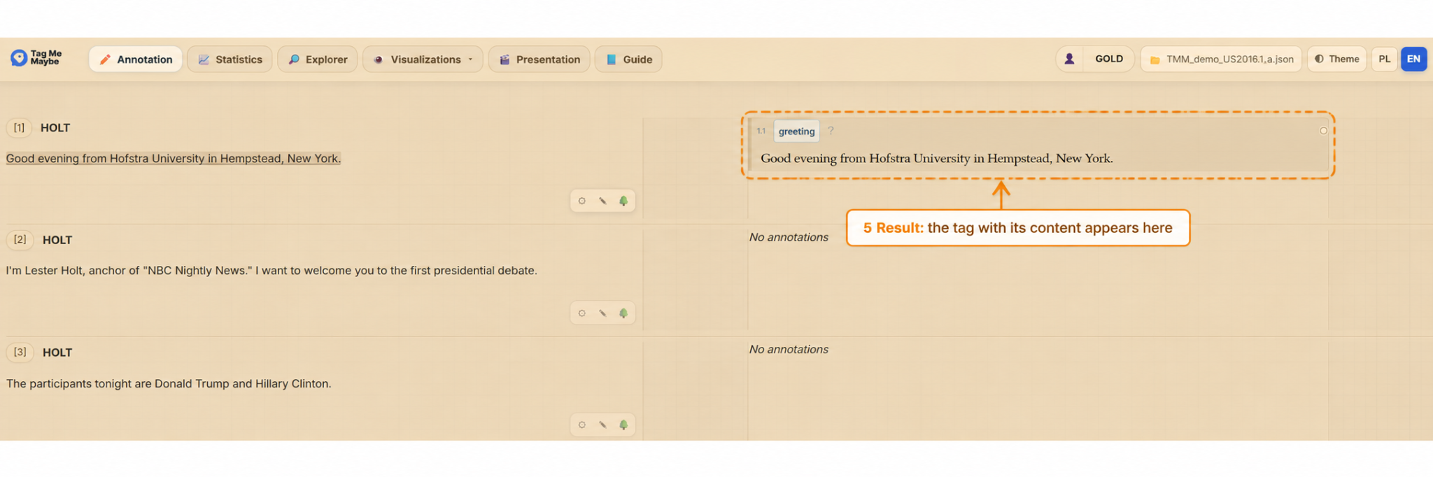 Result of creating an annotation: the tag and its content appear in the right column