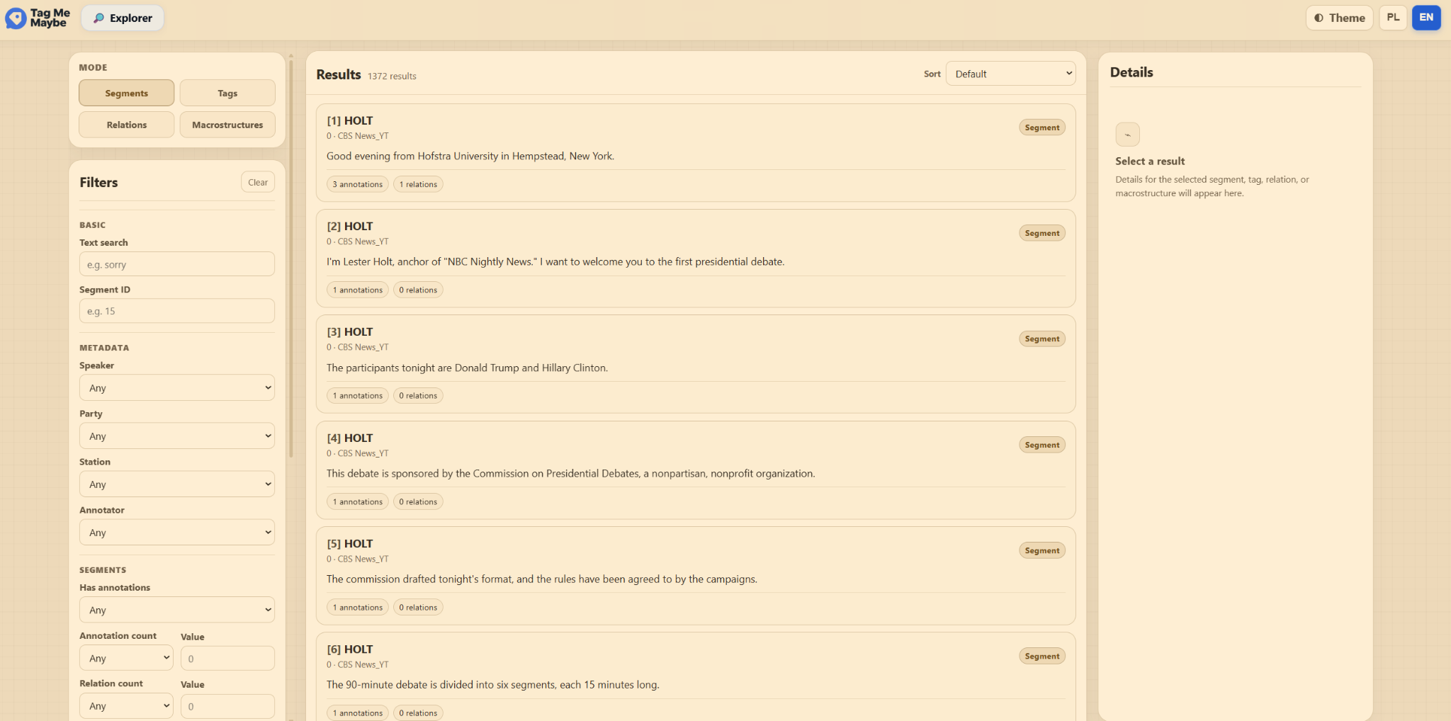 Explorer view with browsing modes, filters, results and details panel