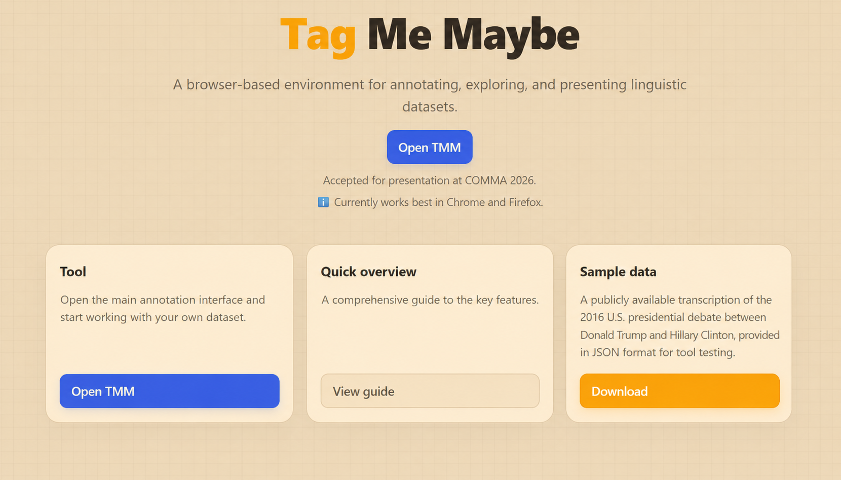 English TMM home page with the Sample data tile