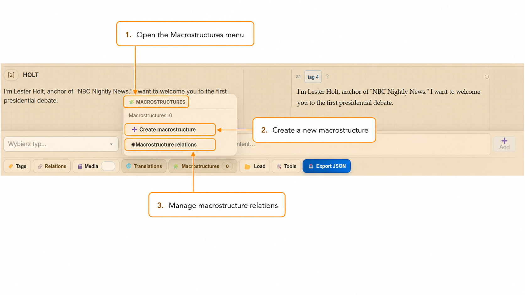 Macrostructures menu with options for creating a macrostructure and managing macrostructure relations