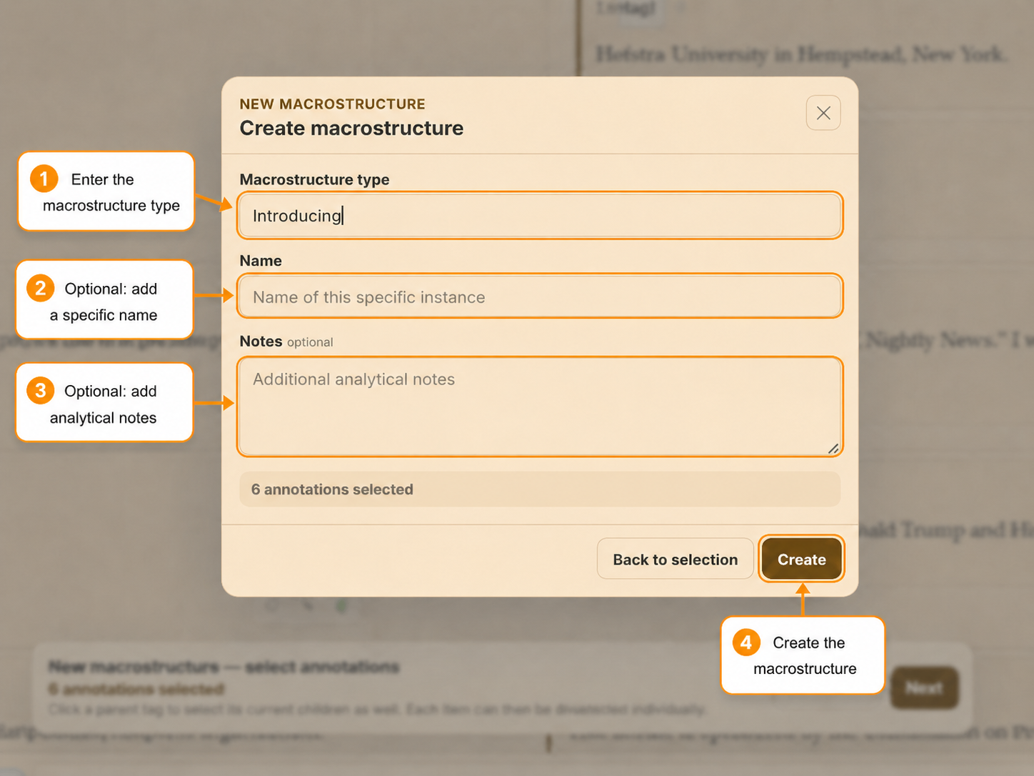 Create macrostructure dialog with type, name, notes and Create button
