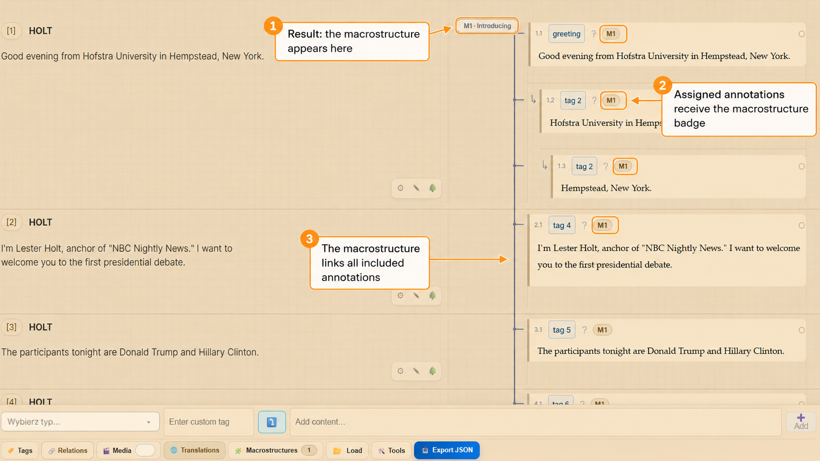 Annotation panel after creating a macrostructure, with macrostructure label, badges and connector line