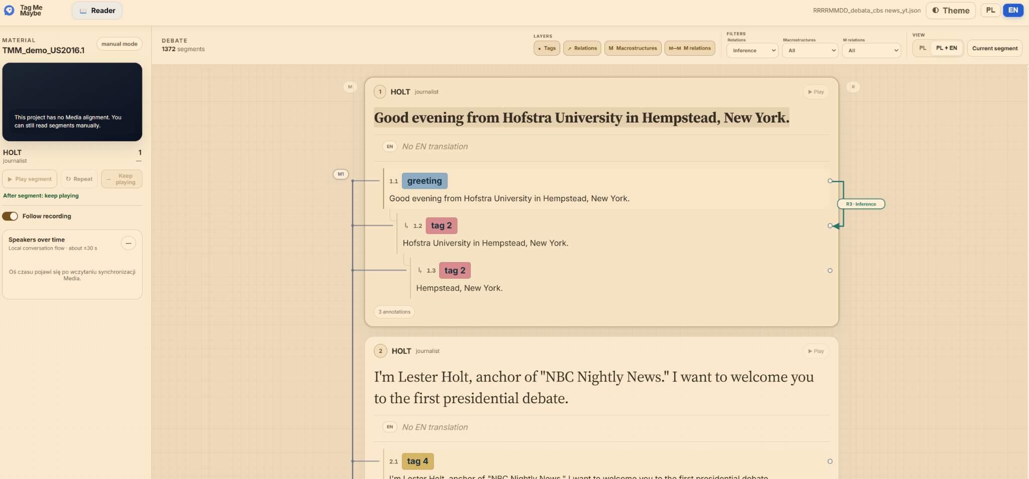 Reader view showing filters, annotations and visible relations in context