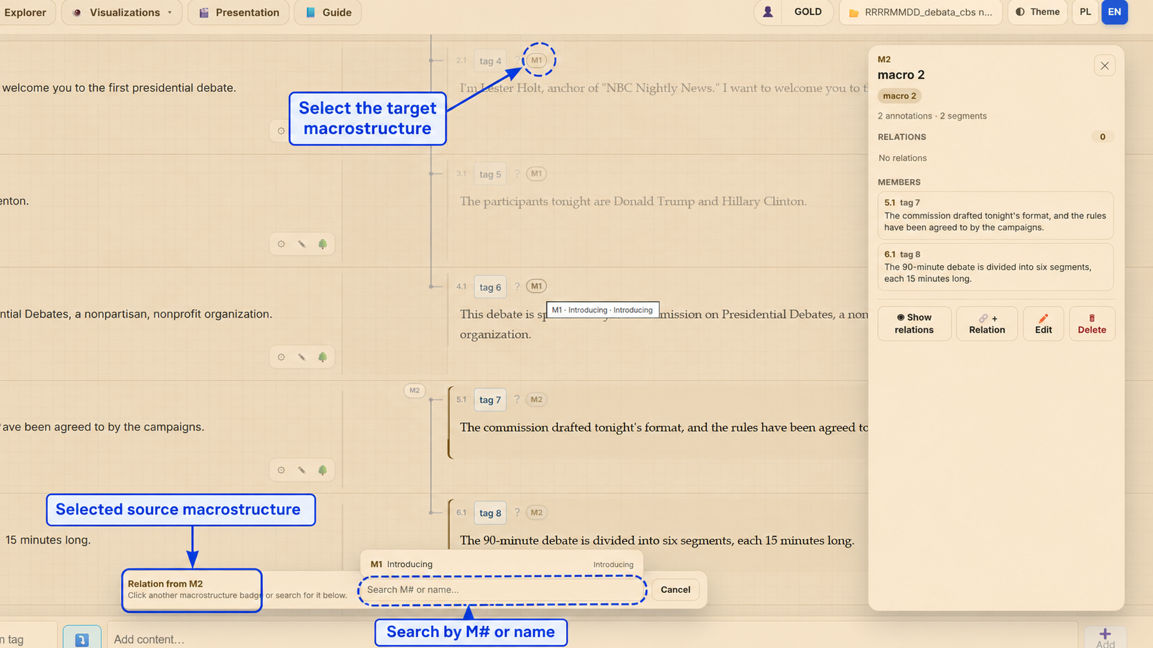 Macrostructure relation mode with the target macrostructure highlighted and a search field visible