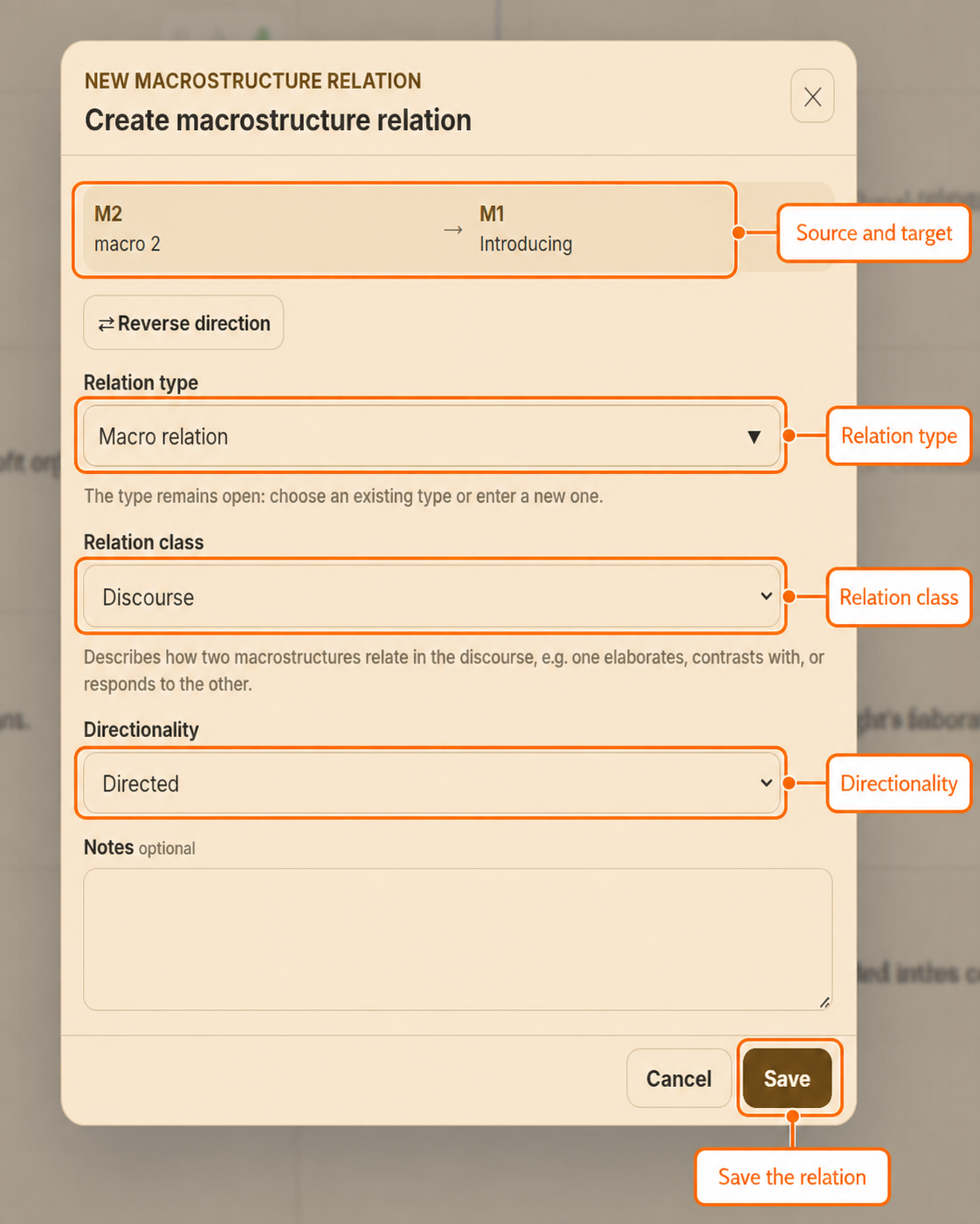 Create macrostructure relation dialog with fields for relation type, class, directionality and notes