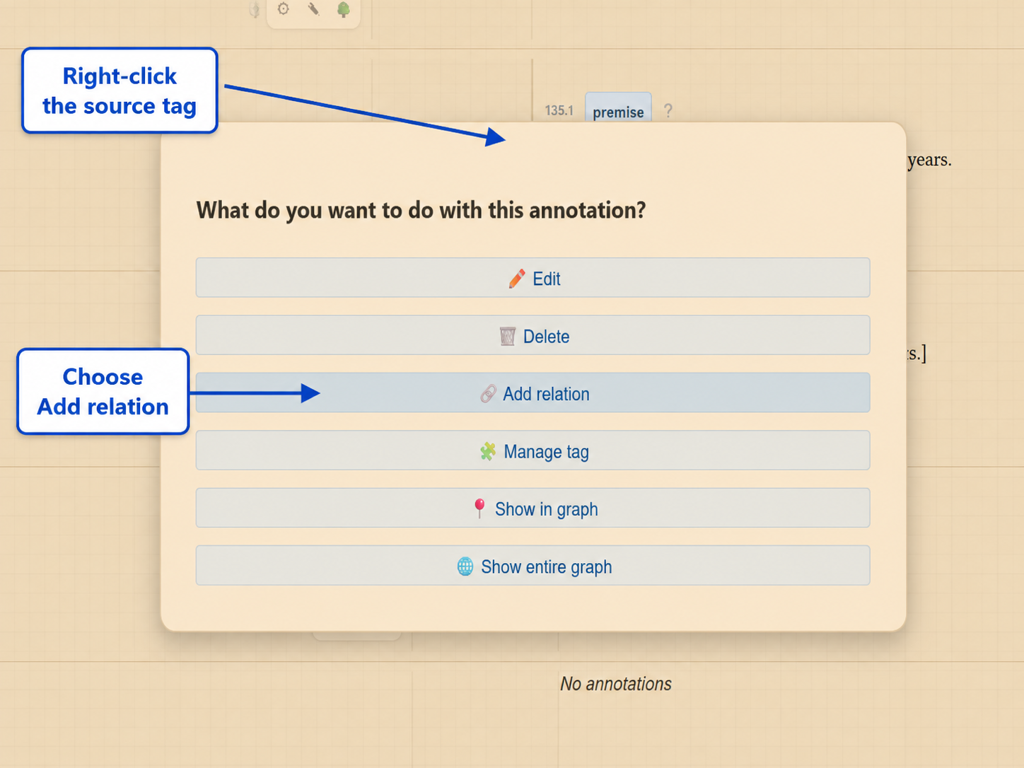Context menu for an annotation with Add relation highlighted