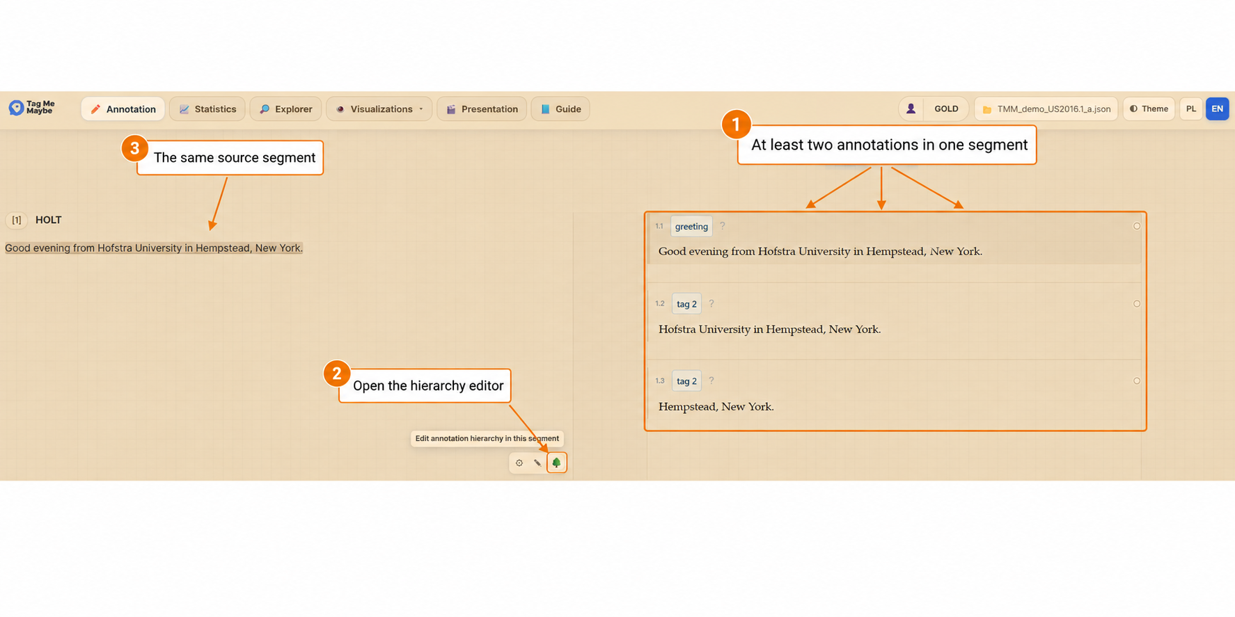 Annotation view with several annotations in one segment and the tree icon used to edit hierarchy
