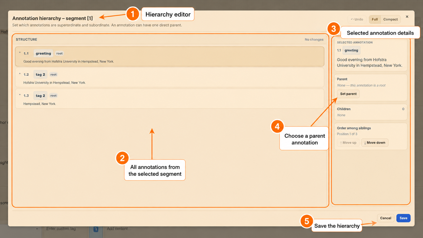 Hierarchy editor opened for one segment, before assigning parent-child relations