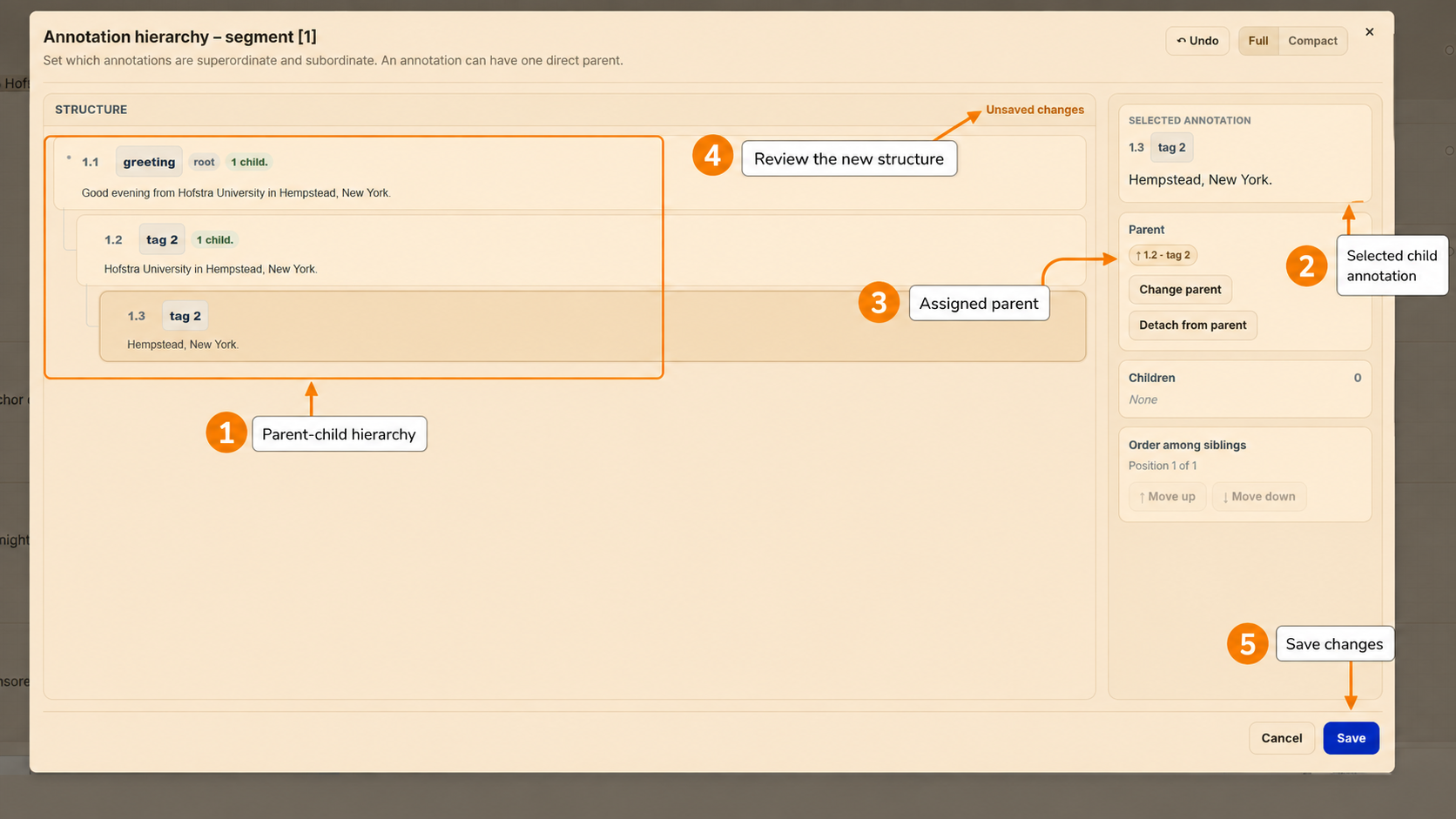Hierarchy editor after assigning a parent-child relation between annotations